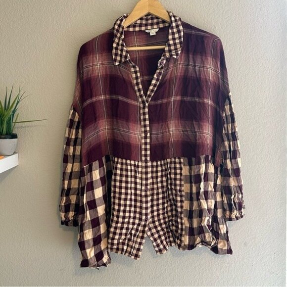 Cato Women’s Hi-low Checkered Plaid Layered Button Up Blouse Maroon Size 24W - Picture 2 of 10